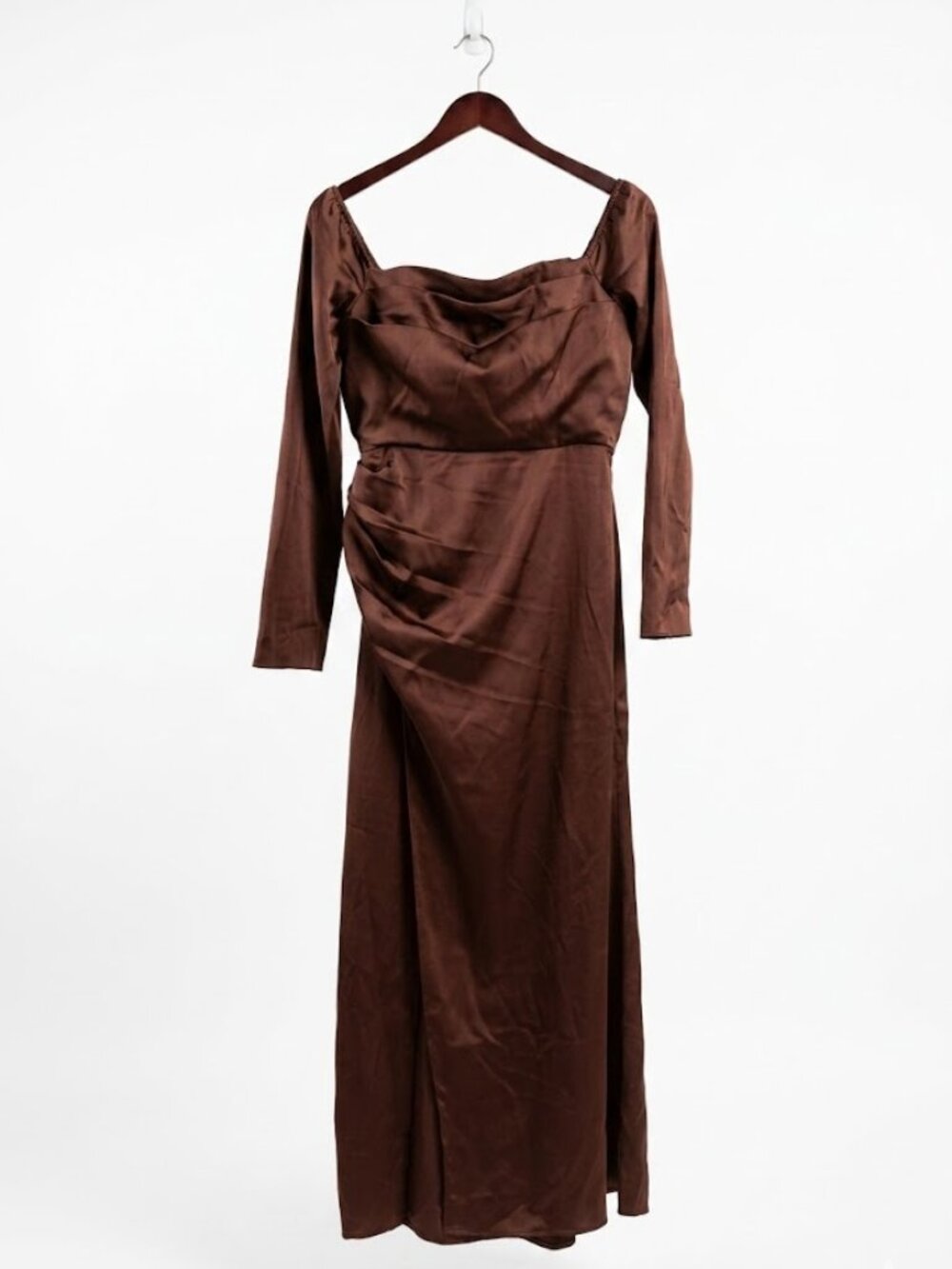 Azazie Brown Satin Long Sleeve Formal Maxi Dress & Matching Pashmina Set A12
